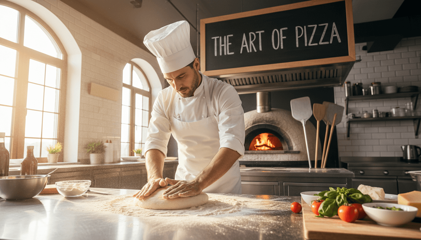 Chef stretching fresh pizza dough in kitchen