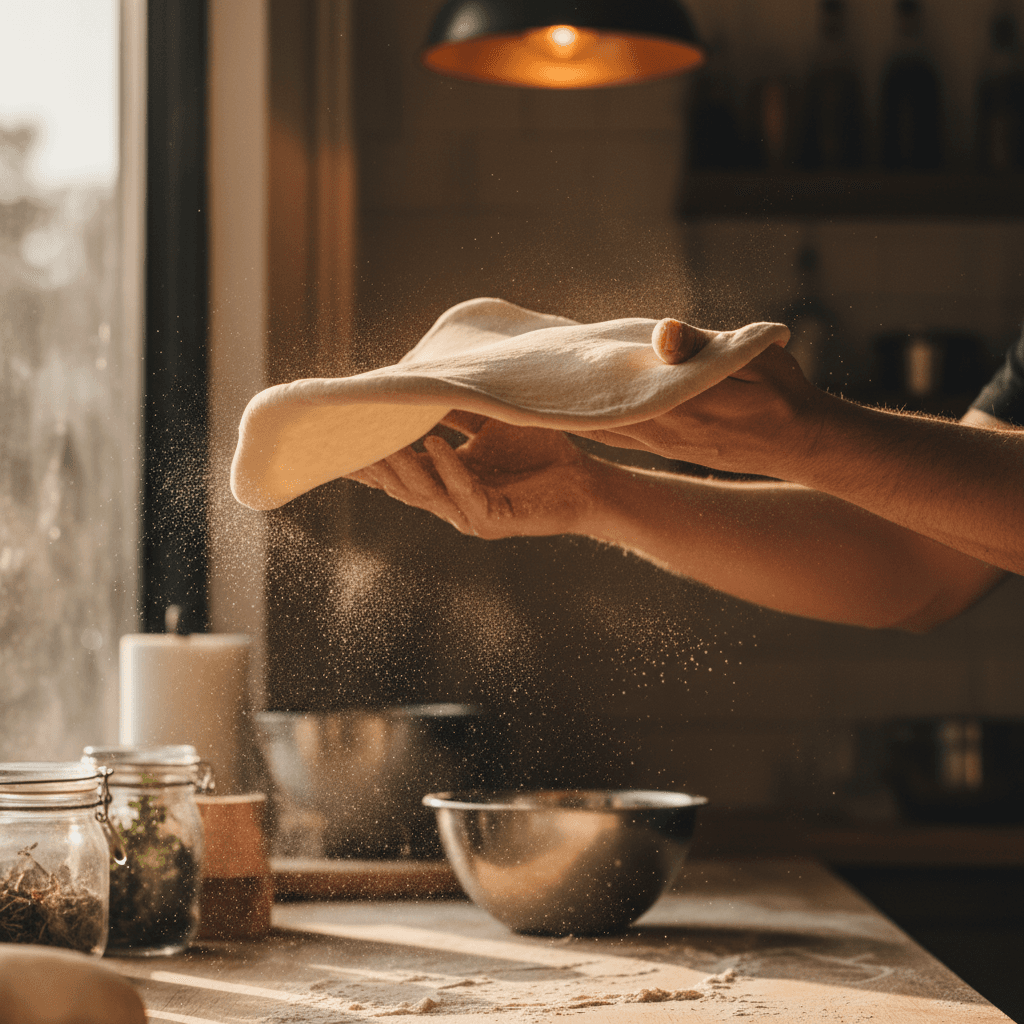 Fresh pizza dough being prepared daily
