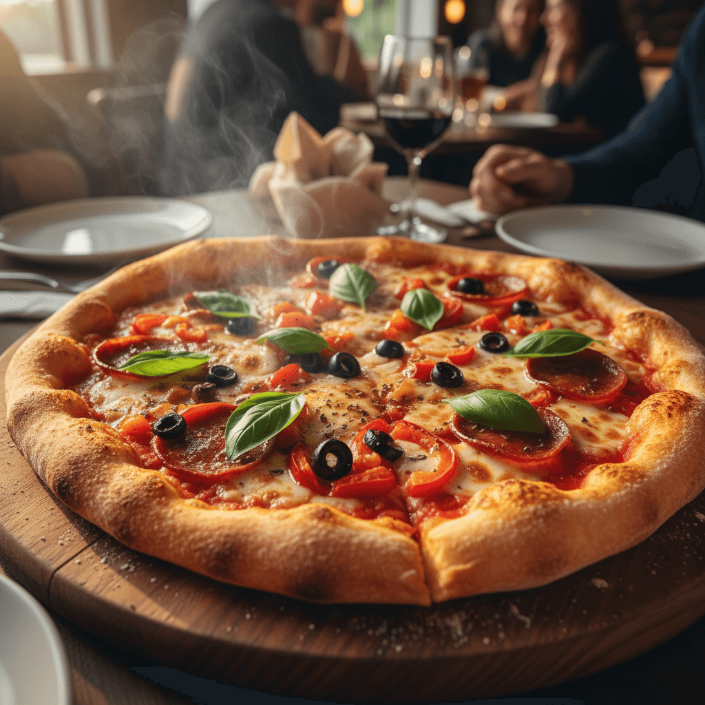 Fresh homemade pizza with melted cheese and toppings on wooden serving board