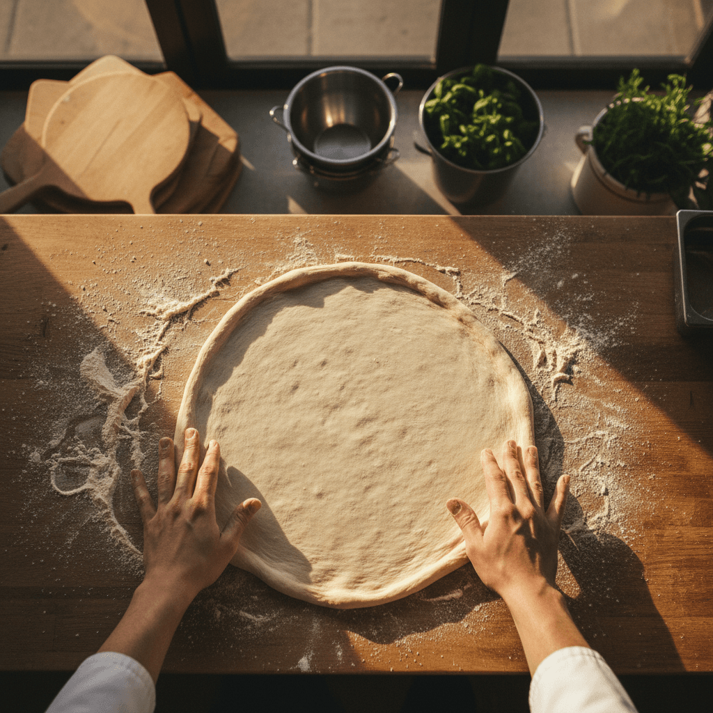 Chef preparing fresh pizza dough