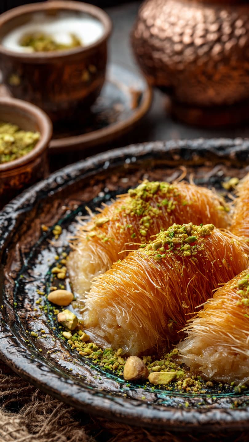 Golden-brown shredded kataifi rolls topped with crushed green pistachios on a rustic dark plate.