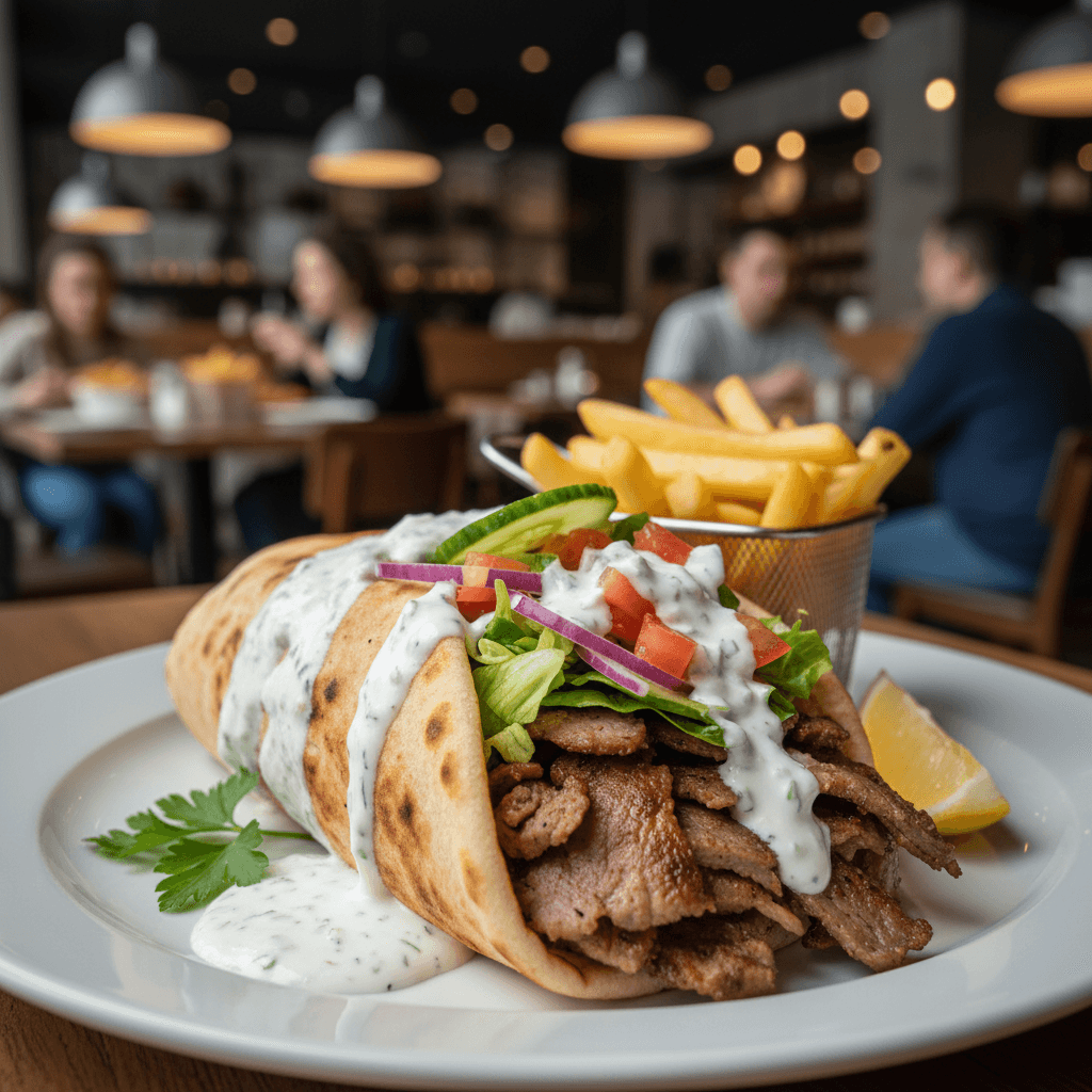 Gyro wrap with meat, salad, and tzatziki sauce, served with fries and a lemon wedge.