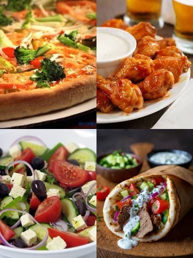 Collage of vegetable pizza, Buffalo wings, Greek salad with feta, and a gyro wrap.