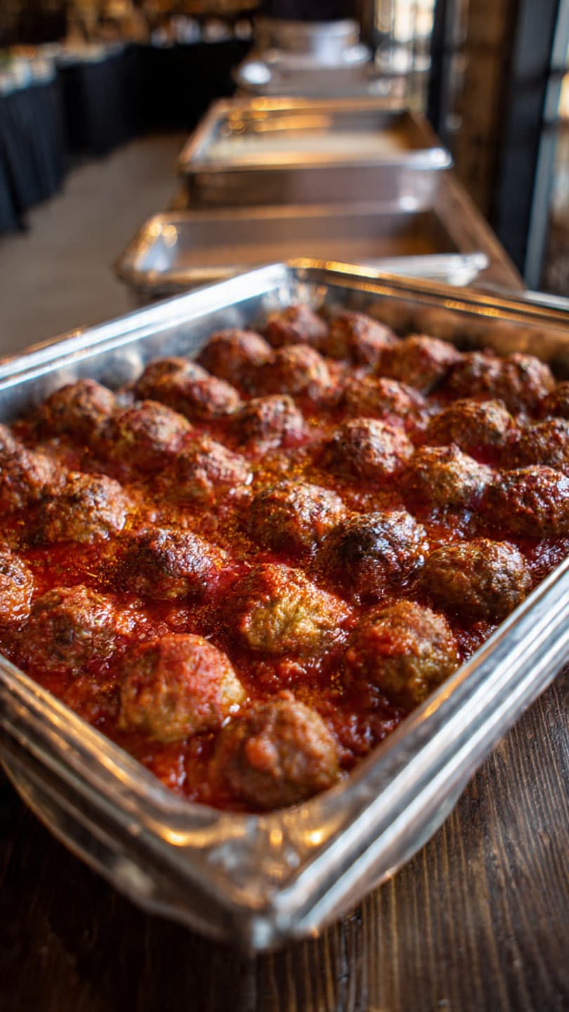 Silver chafing dish filled with rows of meatballs in a rich red tomato sauce.