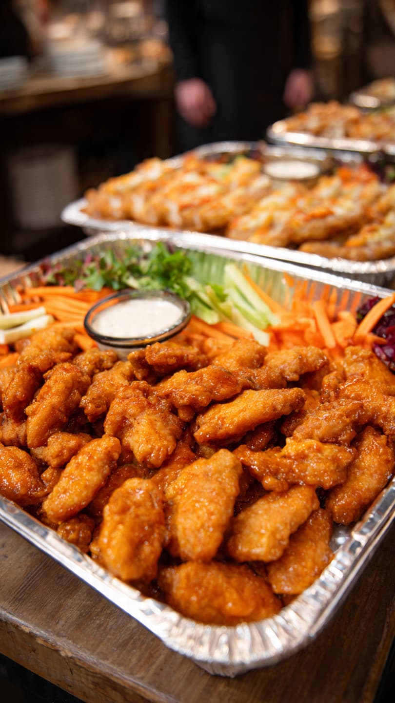 Buffalo chicken wings in a foil tray with carrot sticks, celery, and ranch dipping sauce.