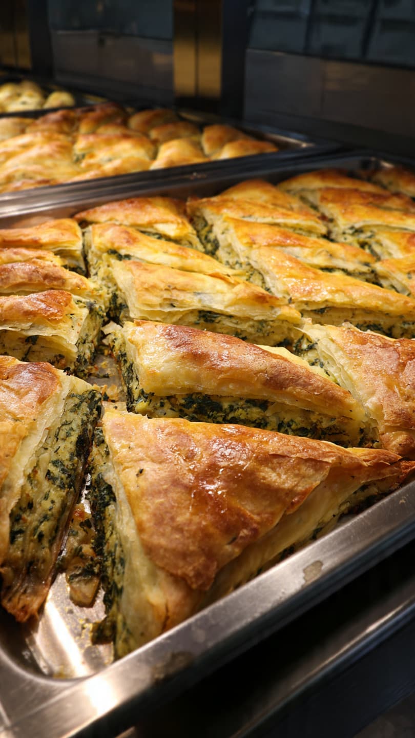 Flaky, golden-brown spanakopita triangles with spinach and feta filling displayed in a metal tray.