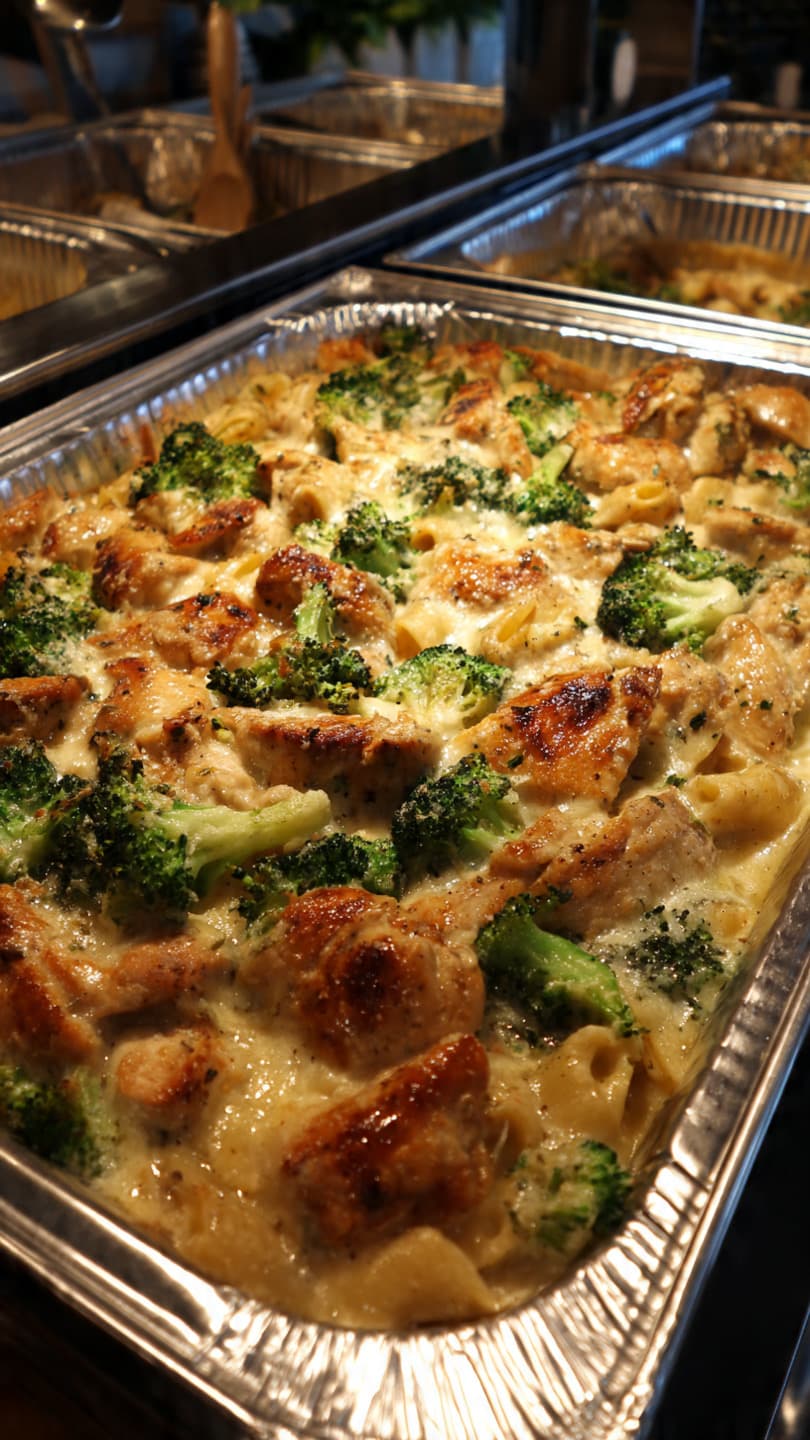 Large aluminum catering tray filled with grilled chicken, broccoli, and pasta in creamy sauce.