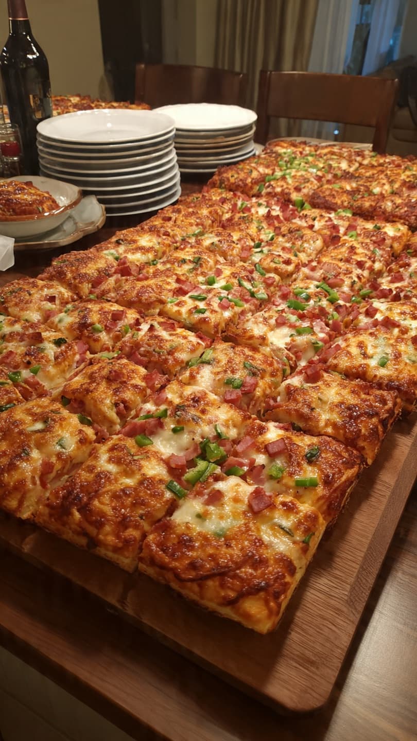 Rectangular sheet pizza cut into squares with ham and green peppers on a wooden board.