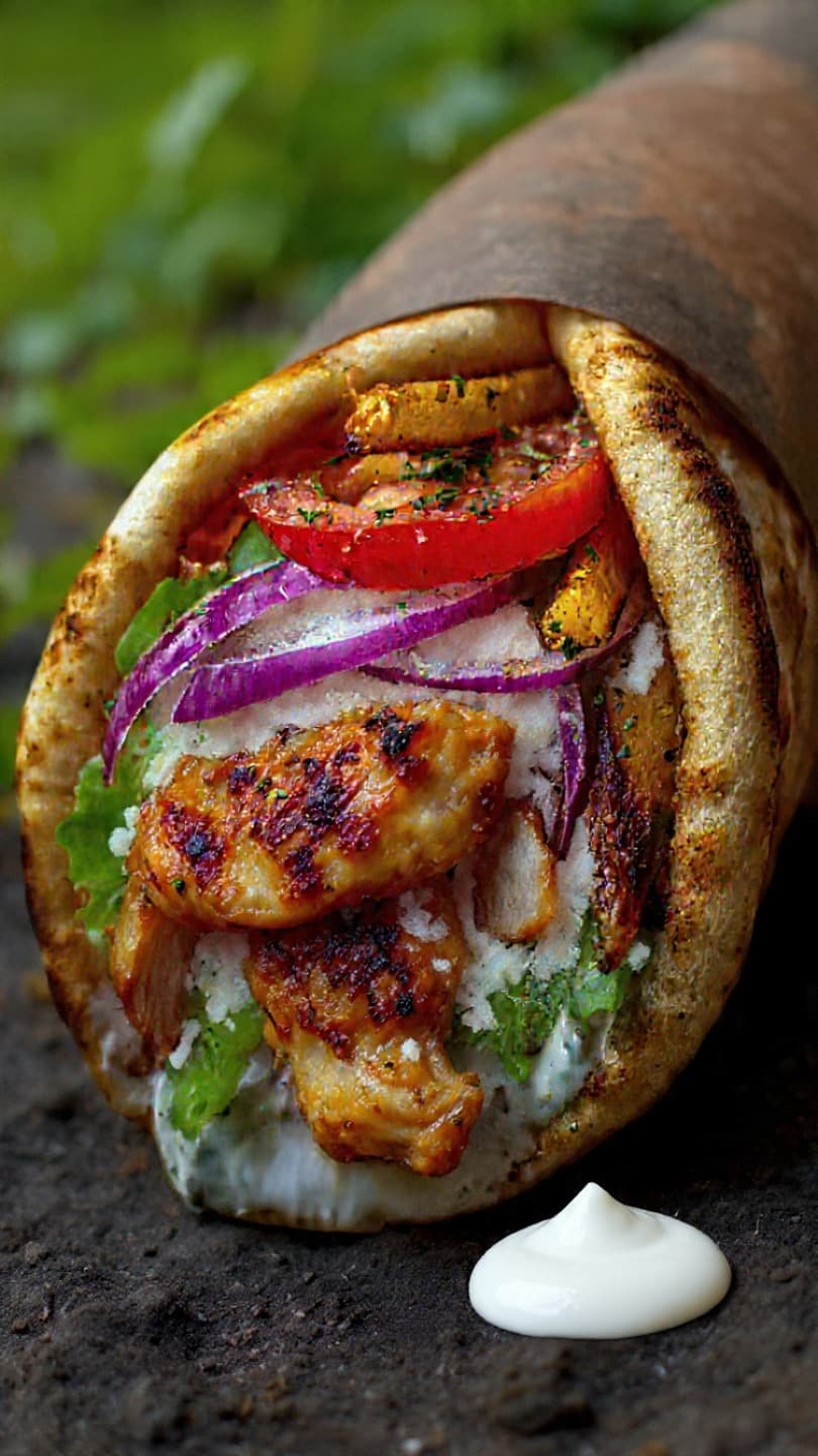 Grilled chicken gyro with tomatoes, red onions, and lettuce wrapped in toasted pita bread.