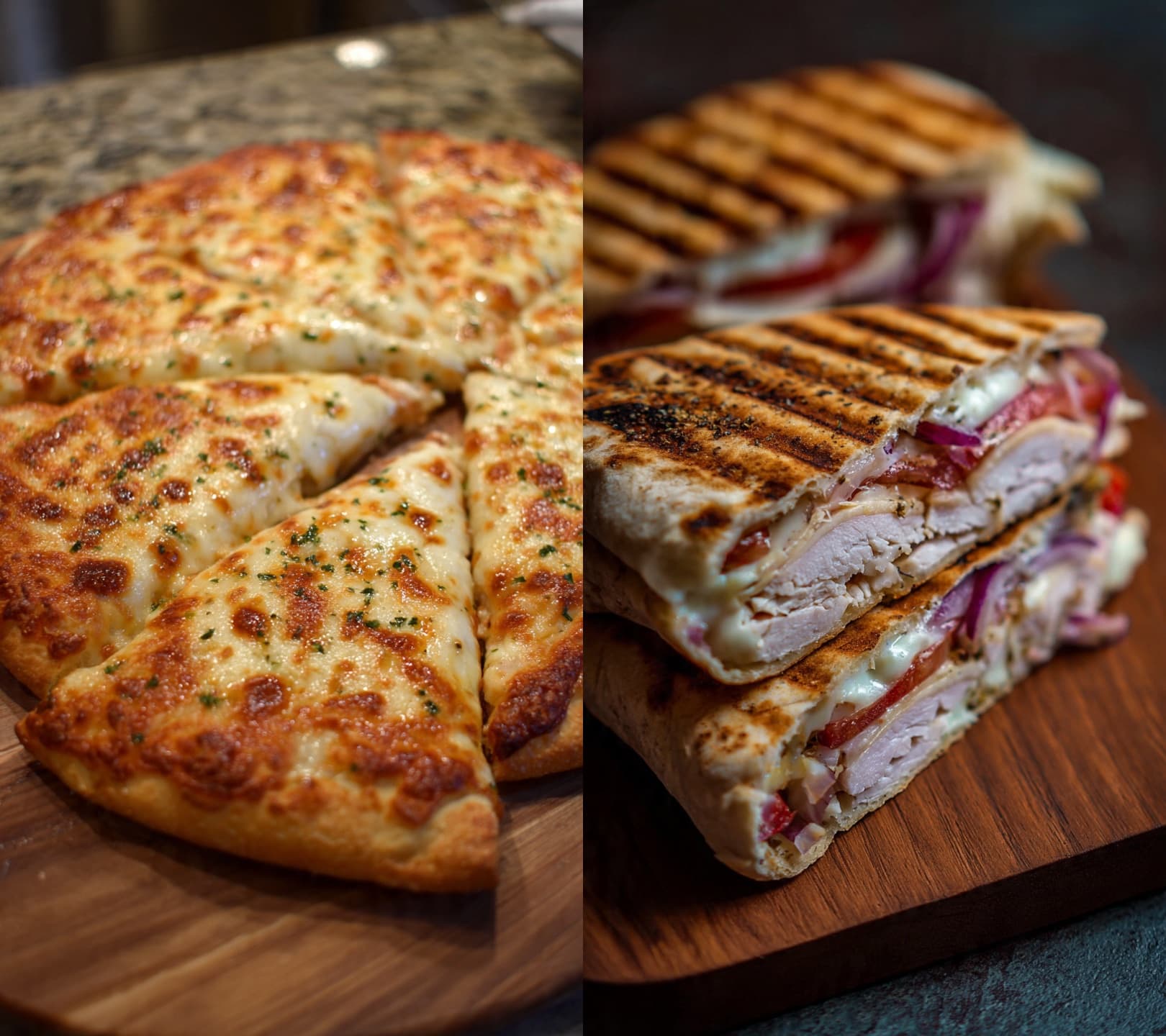 Cheesy pizza slices and grilled chicken panini sandwiches with red onions on wooden boards.