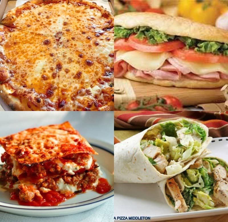 Collage featuring a cheese pizza, a ham sub, layered lasagna, and chicken Caesar wraps.