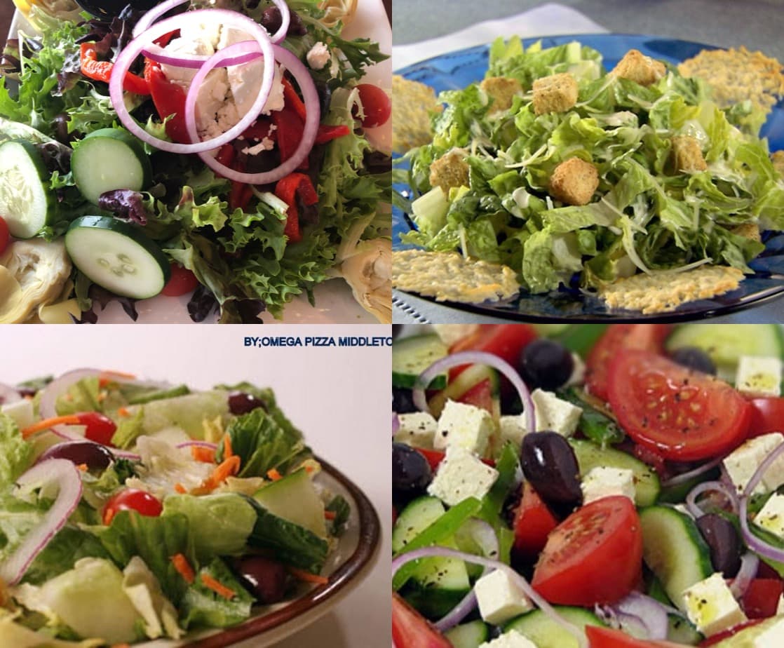 Four-panel collage of fresh salads featuring Greek, Caesar, and garden varieties with colorful ingredients.
