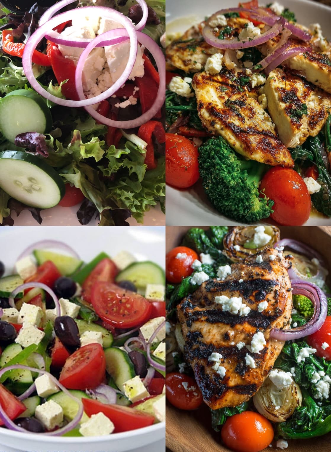 Four-panel grid of Mediterranean meals with fresh salads, grilled chicken, feta cheese, and vegetables.